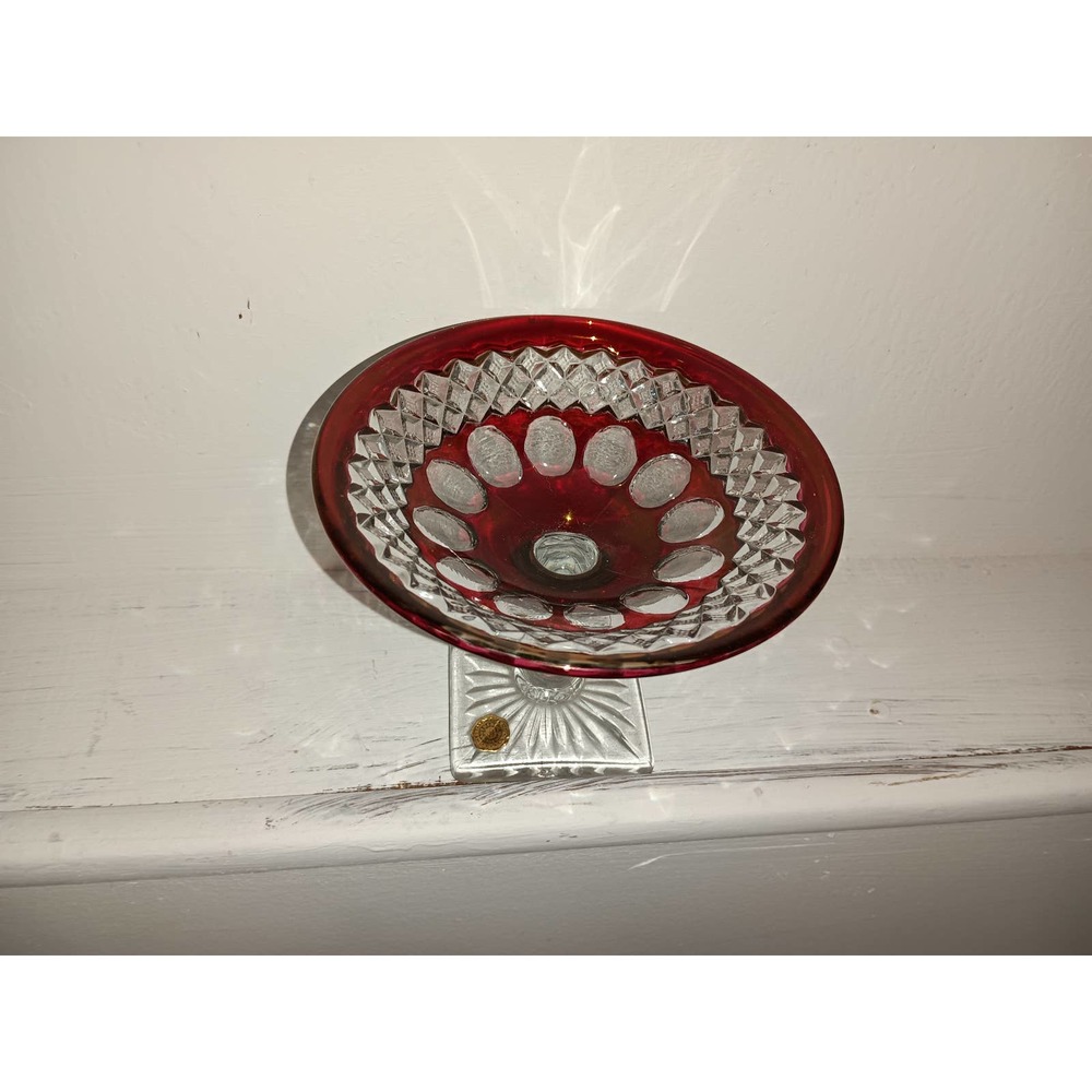 Westmoreland red and clear glass-footed compote. With tag.